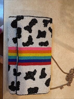 Beaded Cow Print Crossbody Clutch with Rainbow Stripe